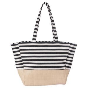 STREET LEVEL Tote Bag Black Striped Cotton Canvas Raffia Zip Top Beach Vacation